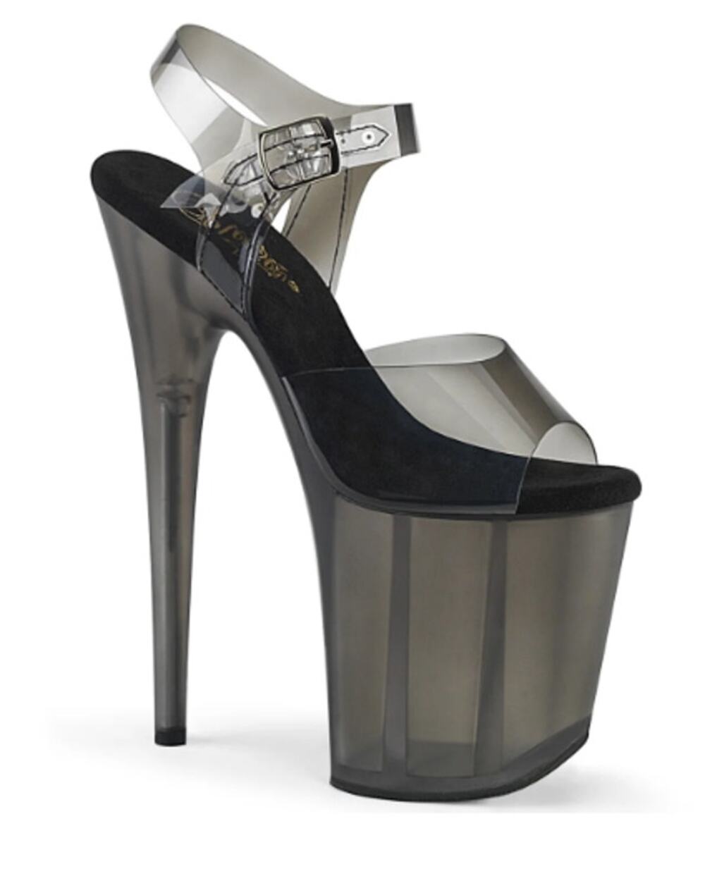 Pleaser Sandal Smoke Black 8" Heel, 4" Tinted Platform Ankle Strap Sandal Size 7